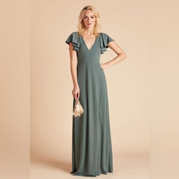 Birdy Grey Hannah Flutter Sleeve Bridesmaid Dress Slit in Sea Green Crepe NWT - Picture 1 of 7